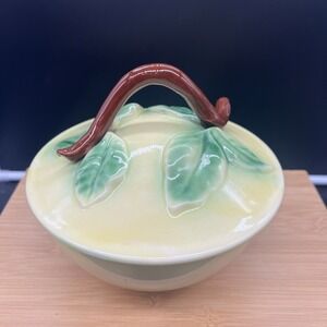 Vintage Mid Century California Pottery Lidded Serving Bowl Yellow Pear Design